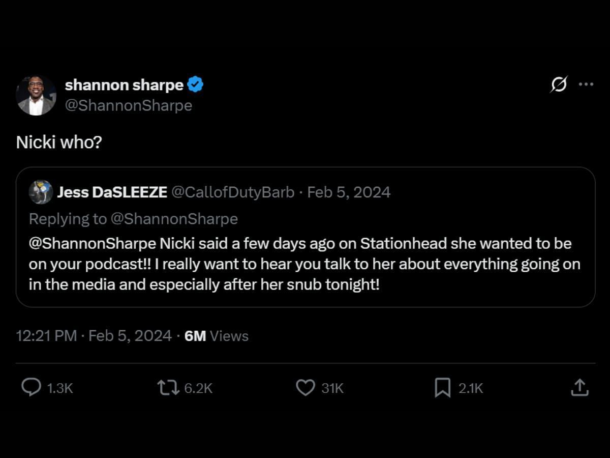 Podcastor Shannon Sharpe responded to a fan who requested him to invite rapper Nicki Minaj to the Club Shay Shay podcast. (Image via X/@ShannonSharpe)
